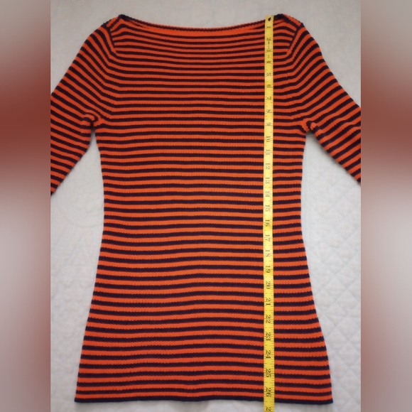 Ralph Lauren Orange Navy Blue Striped Shaker Knit Boat Neck Sweater Size Small - Picture 13 of 15
